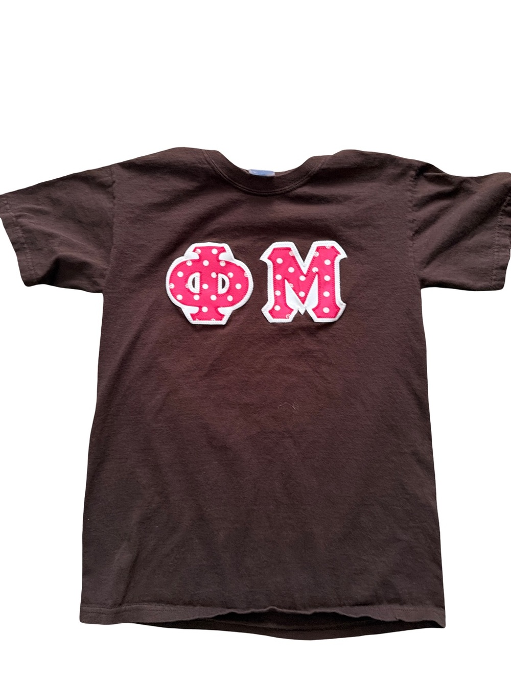 Gildan Brown women’s Tee with Pink Polka Dot Greek Letters, PHI MU